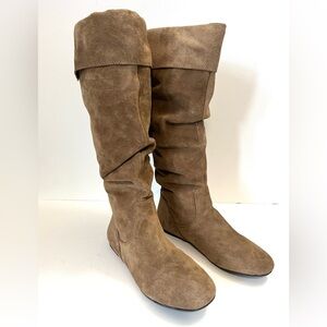 Gianni Bini Tan Suede Leather Slouch Boot Low Heel Pull On Fold Over Cuff Size 8